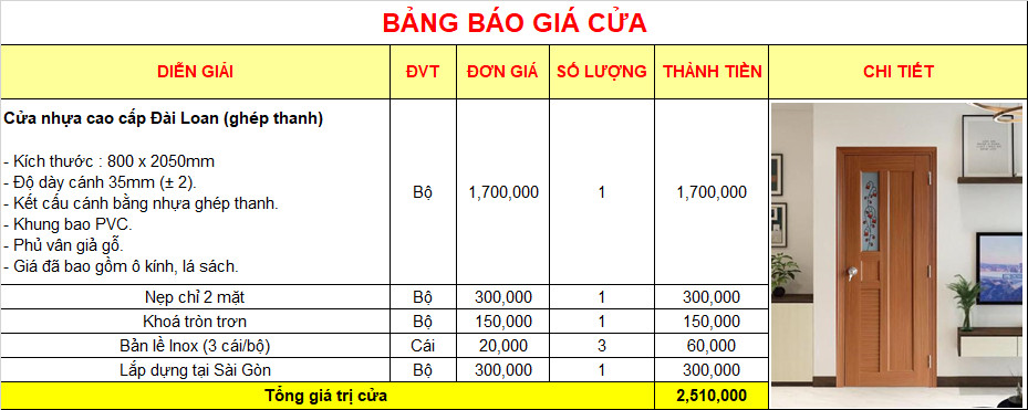 Giá cửa nhựa Đài Loan Ghép Thanh cao cấp tại TP. HCM